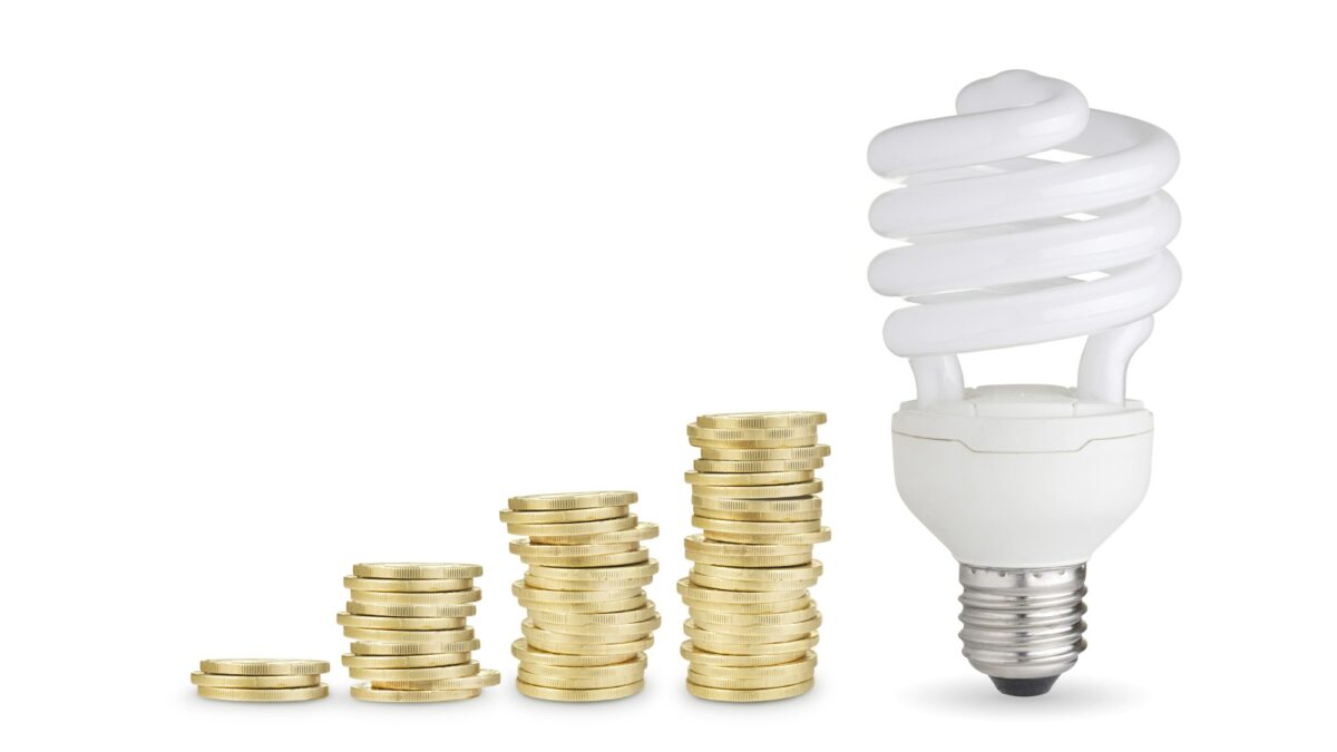 Coins and energy saver bulb