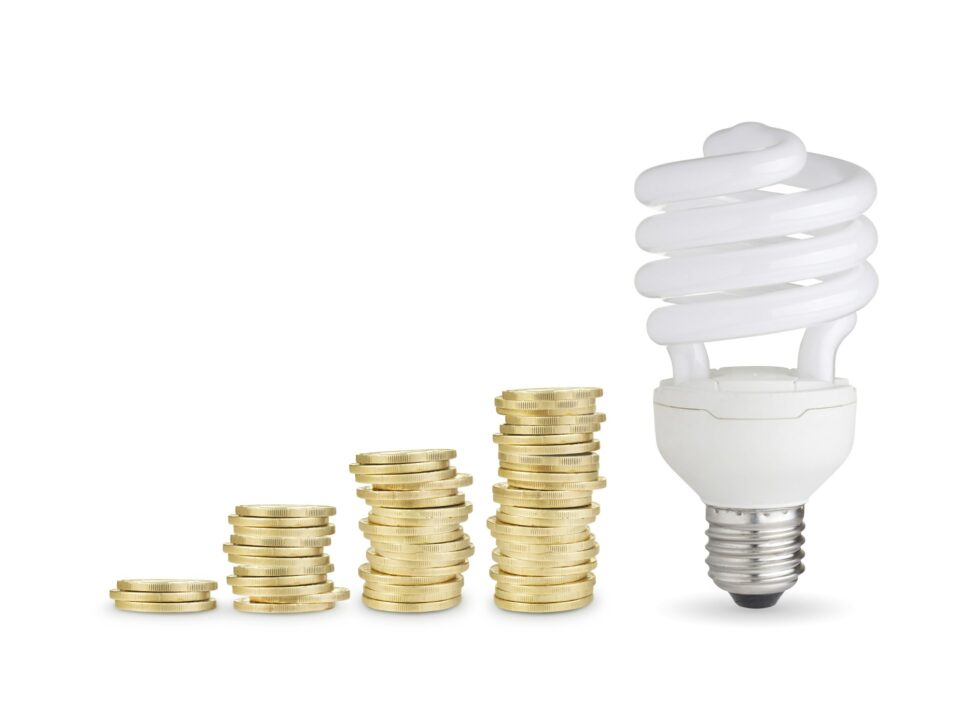 Coins and energy saver bulb