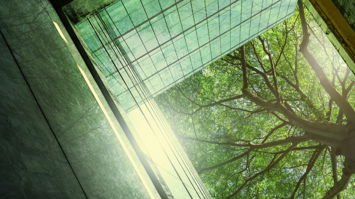 Sustainble green building. Eco-friendly building in modern city. Sustainable glass office building
