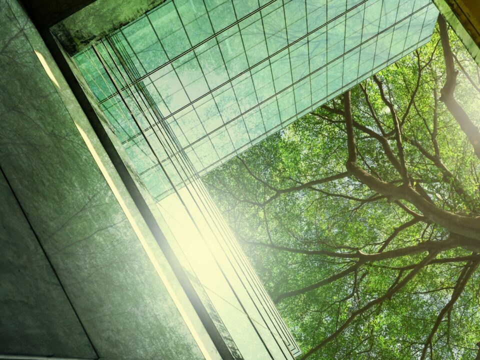 Sustainble green building. Eco-friendly building in modern city. Sustainable glass office building